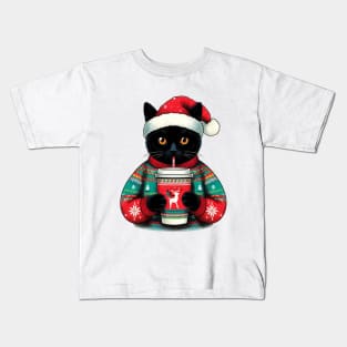 Black Cat Christmas Christmas Cat 2024 Kids T-Shirt